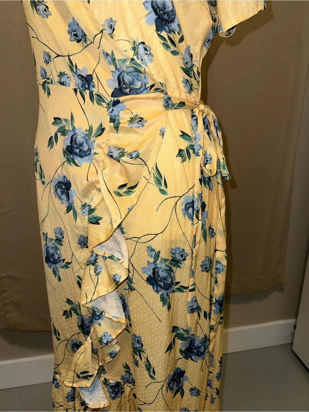 Yellow‎ Floral Wrap Midi Dress with Ruffle Detail
